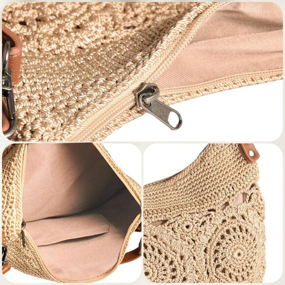 Hobo Crochet Crossbody Bag for Women Large Tote Khaki Lightweight Funky Style main image 8